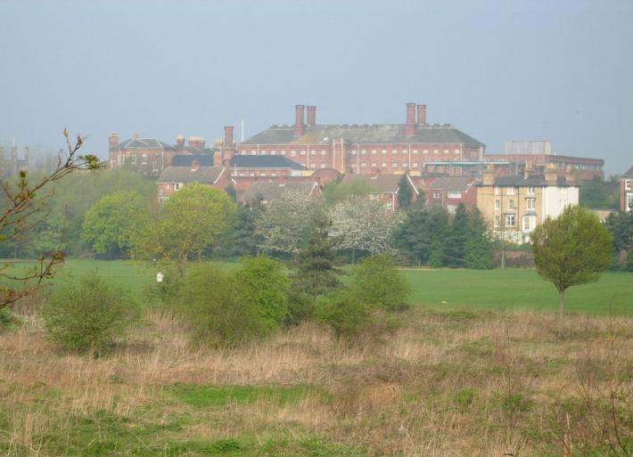 Shrewsbury, view from Underdale Rd with Prison at Centre